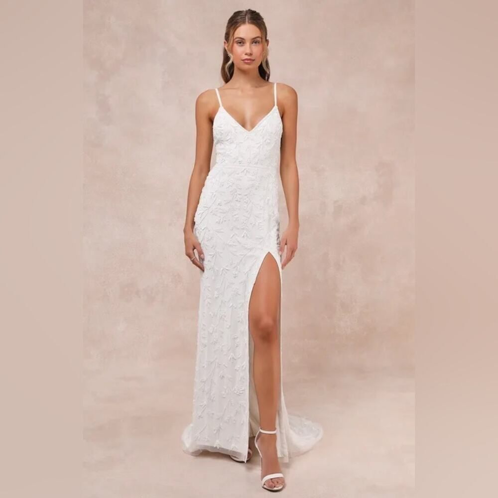 Lulus Everlasting Vows White Beaded Sequin Mermaid Maxi Dress Small 2302431
